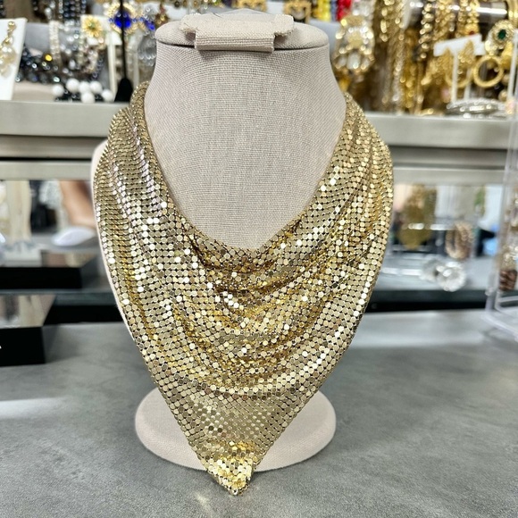 Vintage Signed Whiting & Davis Disco Gold Plated Mesh 70'S Necklace - Picture 1 of 5